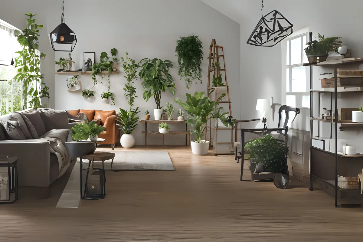 Indoor plants add natural greenery, enhancing the home's decor with a fresh, vibrant touch.