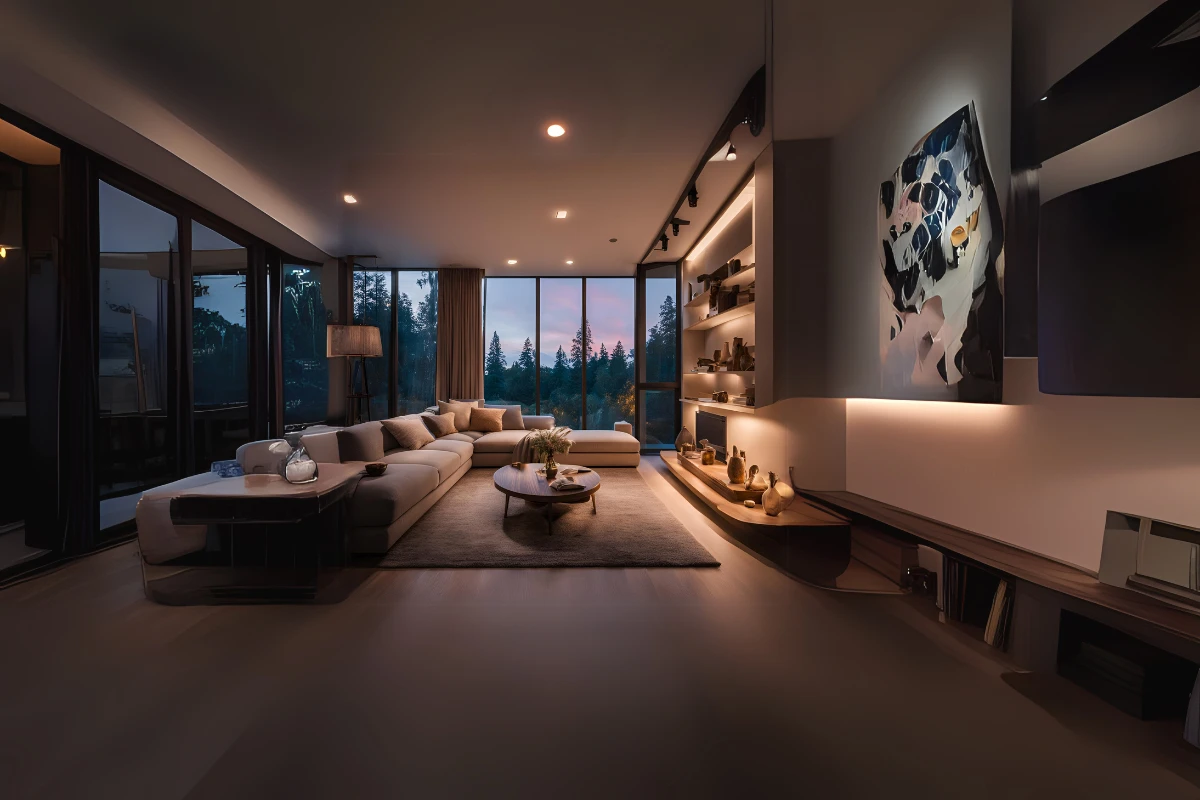 Warm pendant, recessed, and lamp lighting create a cozy, inviting atmosphere