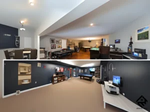 A before and after photo of a basement renovation showing the transformation from a cluttered space to a sleek, functional game room