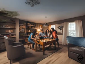 A stylish basement game room with a pool table, comfortable seating area, and modern lighting, perfect for family fun and entertainment.