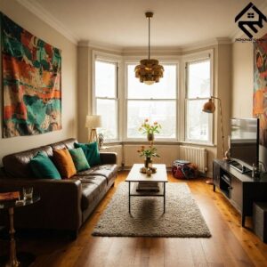 Warm Tones & Bay Windows: Inviting Living Room Design