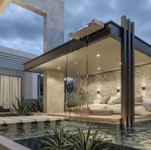 Contemporary Water Feature in a Lush Roof Garden Setting