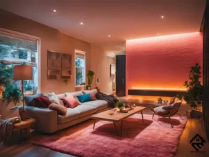 Color-changing smart light bulbs creating a warm and inviting ambiance in a living room.