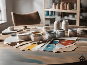 Different paint finishes (matte, eggshell, satin, semi-gloss) displayed on wall swatches.