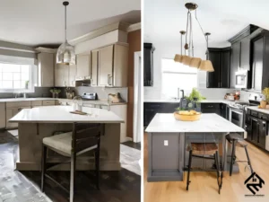 A side-by-side comparison of a kitchen before and after installing a stylish kitchen island.