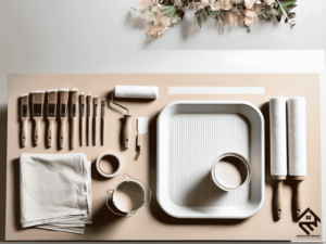 A collection of painting tools including brushes, rollers, painter’s tape, drop cloths, and a paint tray.