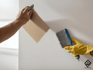 Sandpaper and spackling compound being used to prepare a wall for painting.