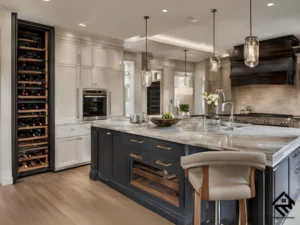 A luxury kitchen island with a built-in sink, stovetop, and wine cooler.