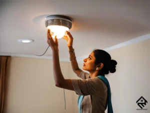 A person installing a smart light bulb in a ceiling fixture.