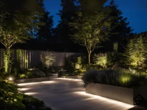 Outdoor garden with smart floodlights installed, providing both security and ambiance