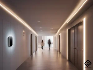 Smart lighting system with motion sensors in a hallway, turning on as someone walks by