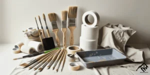 A collection of painting tools including brushes, rollers, painter’s tape, drop cloths, and a paint tray.