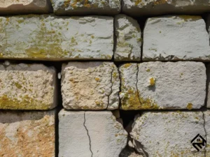 A weathered brick wall with visible cracks and missing mortar, showing signs of aging and deterioration.