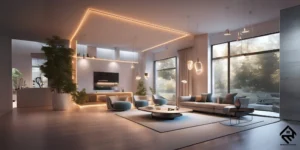 A sleek and modern living room with smart lighting installed, showing adjustable lights and smart devices