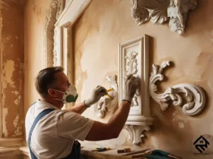A skilled artisan restoring decorative plaster moldings on an old building wall, ensuring historical accuracy.