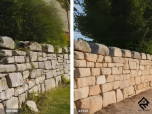 A side-by-side comparison of an old stone wall before and after restoration, showcasing improved structure and appearance.