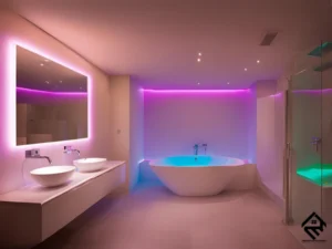 A luxurious bathtub with colorful chromotherapy lighting creating a calming atmosphere.