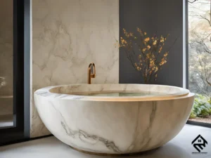A serene Japanese soaking tub made of polished marble in a minimalist bathroom.
