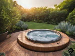 An outdoor Jacuzzi surrounded by nature, perfect for a backyard spa experience.